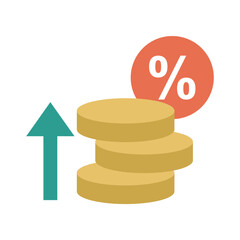 Money growth icon, Three coin money with up arrow isolated on transparent background. Minimalist vector illustration.