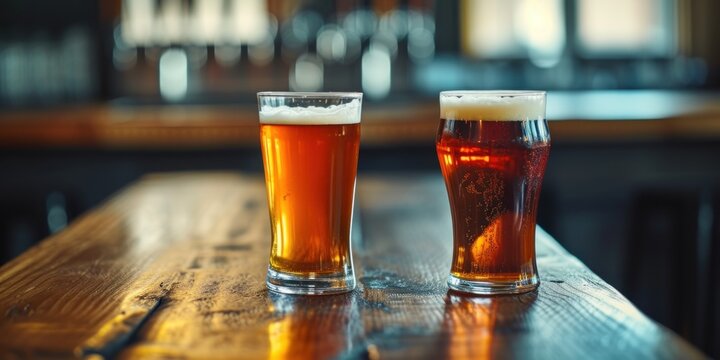A cozy image with copy space and two pint glasses of craft beer, one amber and one dark, on a wooden table, perfect for a brewery or pub's craft beer selection promotion or advertisement 