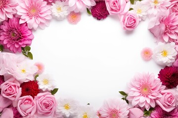 Frame pink assorted leaves and flowers on white border background. Valentine'sday-mother's day. greeting card. presentation. advertisement. copy text space.