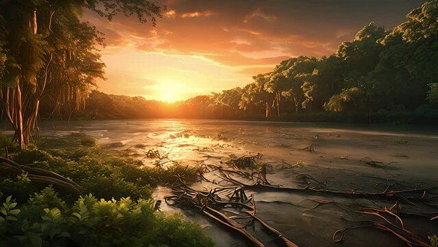 Tropical jungle landscape with Amazon jungle river at sunset. Created with Generative AI.	
