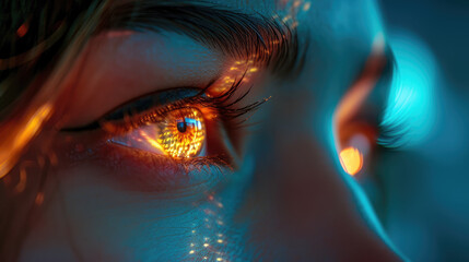A close-up on the eyes of a business innovator lit by the glow of a futuristic screen, reflecting the vision and creative thinking behind their leadership - obrazy, fototapety, plakaty