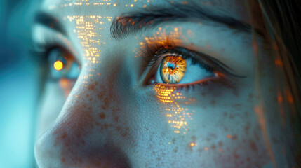 A close-up on the eyes of a business innovator lit by the glow of a futuristic screen, reflecting...