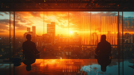 A team meeting at sunrise, silhouetted against a large window overlooking a city awakening, discussing strategies beside a holographic display 75
