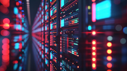 Close-up of a blockchain server farm with rows of computers, data processing lights blinking - obrazy, fototapety, plakaty