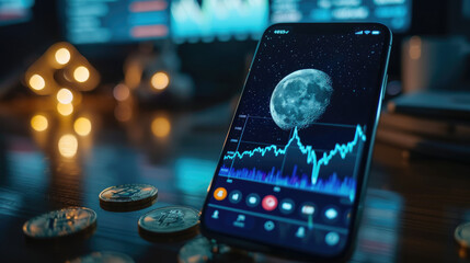 Close-up of a smartphone displaying a crypto app, Bitcoin value graph spiking upwards, moon graphic at the peak