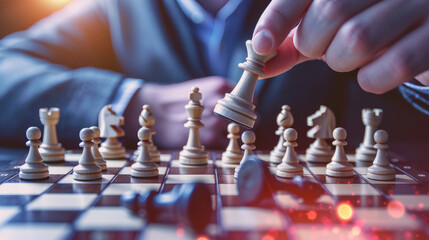 Close-up of a visionary leader's hands strategically moving chess pieces on a digital board, symbolizing innovative leadership in business -919