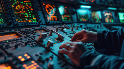 Detailed view of an engineer's hands calibrating avionics in a spacecraft cockpit, control panels lit up - obrazy, fototapety, plakaty