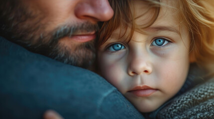 Emotional close-up of a parent comforting a child, a moment in daily life, reflecting the nurturing aspect of Family and Home Life