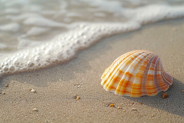 Fototapeta na wymiar Generative AI Image of Sea Shell on Beach with Water Waves in Summer