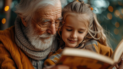 Intimate close-up of a grandparent sharing a story with grandchildren, capturing expressions of wonder and wisdom - obrazy, fototapety, plakaty