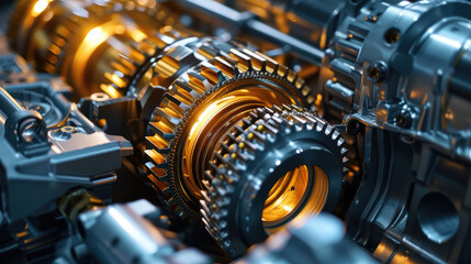 Macro shot of a car's transmission system being assembled, gears and bearings highlighted
