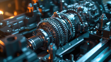 Macro shot of a car's transmission system being assembled, gears and bearings highlighted - obrazy, fototapety, plakaty