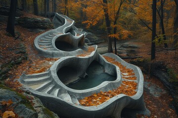 Aerial view of a winding road amidst autumnal forest