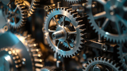 Macro shot of interlocking gears and cogs inside a machine, showcasing precision engineering