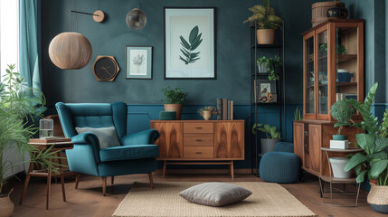 Vintage room decor revival. Dark teal colors with wood accents.