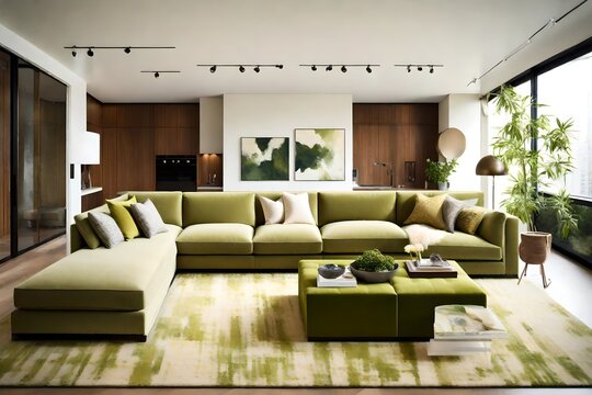 A vibrant olive green rug beneath a contemporary cream sectional sofa.