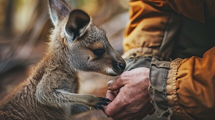 Close-Up Interaction Between Human and Juvenile Kangaroo in Natural Habitat