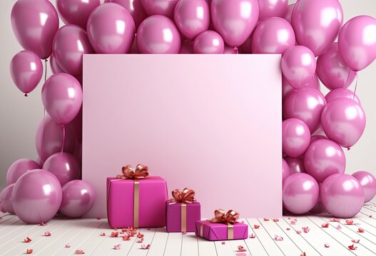 Blank pink frame scene board with magenta balloons on bright background. mother's day-father's day. birthday party. Mockup presentation. advertisement. copy text space.