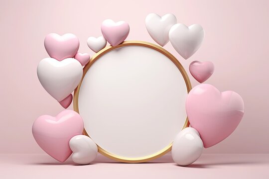 Blank white round frame border with pink heart balloons on pastel background. Valentine'sday-mother's day. birthday party. Mockup presentation. advertisement. copy text space.