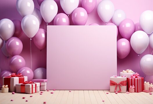 Blank pink frame scene board with magenta balloons gifts on bright background. Valentine'sday-mother's day. birthday party. Mockup presentation. advertisement. copy text space.