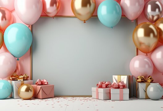 Blank frame border with balloons gifts on pink background. mother's day-father's day. birthday party. Mockup presentation. advertisement. copy text space.