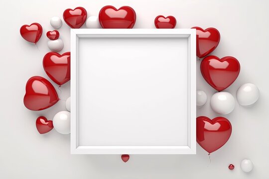 Blank white frame photo with red heart balloons on white background. Valentine'sday-mother's day. birthday party. Mockup presentation. advertisement. copy text space.