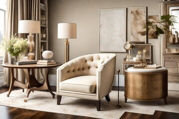 Obraz na płótnie Canvas A cream-colored accent chair nestled in a corner, surrounded by tastefully selected decor elements, adding a touch of sophistication to the room's ambiance.