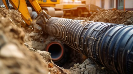 installation of a sewage plastic pipe during the construction of a house. Creative Banner. Copyspace image