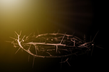the crown of thorns of Jesus on black background against window light with copy space, can be used...
