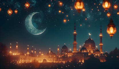 Islamic background with moon lanterns and mosque for Ramadan and Eid celebrations. Suitable for religious and cultural events.