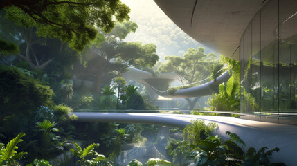 A visionary concept of eco-architecture with greenery integrated into modern structures within a dense, misty forest.