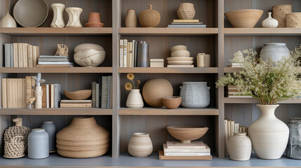 Fototapeta na wymiar Neutral grey decorative wall mounted organizing shelf.