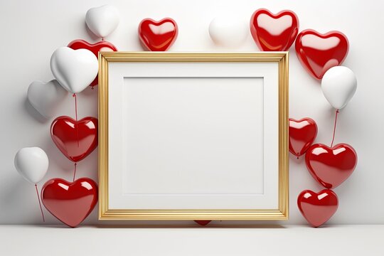 Blank white frame photo with red heart balloons on white background. Valentine'sday-mother's day. birthday party. Mockup presentation. advertisement. copy text space.