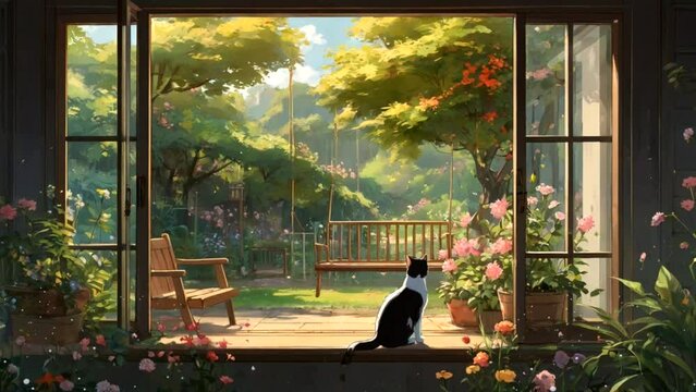 A cat sitting in the backyard with garden of flowers 