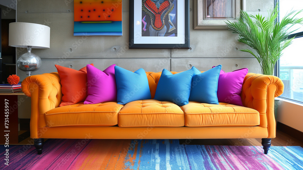 Wall mural bright orange couch with colorful throw pillows inside modern living room area.