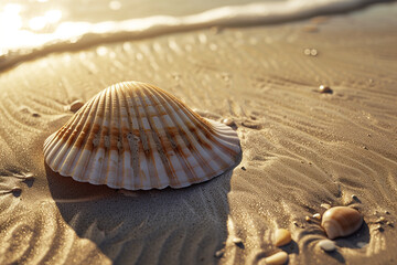 Fototapeta na wymiar Generative AI Image of Sea Shell on Beach Sand at Sunrise