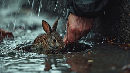 Newly Rescued Rabbit Experiencing Human Touch in A Man Hole / Sewer