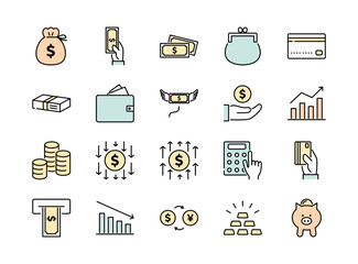 Finance and money colorful line icons set, editable stroke	