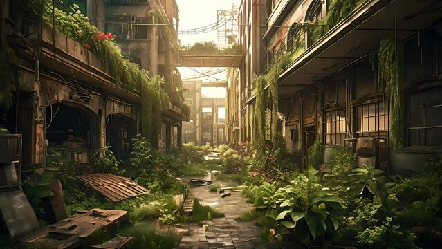 Abandoned post apocalyptic city surrounded by many plants. Created with Generative AI.