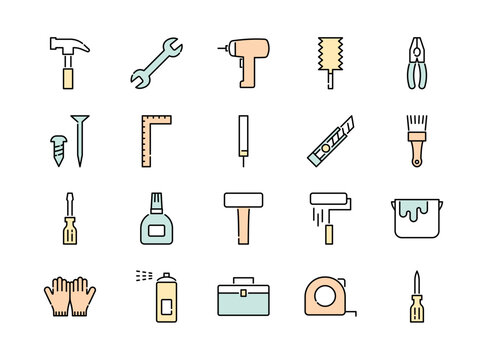 Colorful icon set of DIY tools, vector illustration editable stroke	