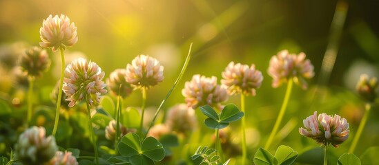 Fototapeta premium A grassy field scattered with clovers, their petals shining in the sun, creating a natural landscape with flowering herbaceous plants.