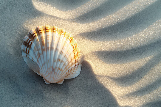 Generative AI Image of Top View of Sea Shell on Beach Sand with Blank Space