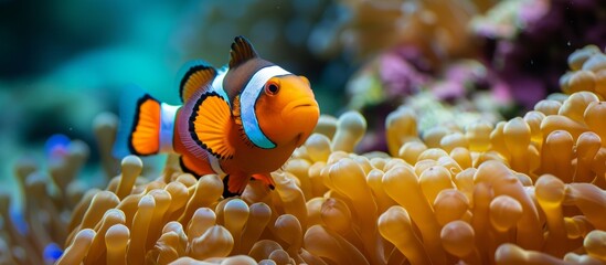 Naklejka na ściany i meble The clownfish, also known as anemone fish, swims gracefully in the colorful coral reef, a mesmerizing sight in the underwater world.