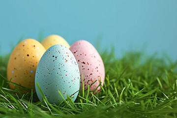 Naklejka na ściany i meble Сolored Easter eggs on the grass, generative AI