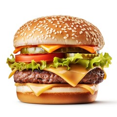 Savor the Flavor: Mouthwatering Loaded Burger, Isolated on a Crisp White Background. Indulge in the Juicy Goodness of this Culinary Masterpiece, Perfectly Captured and Presented for Your Ultimate Deli