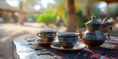 A traditional Middle Eastern hospitality ceremony with Arabic coffee served in a warm and welcoming atmosphere. - obrazy, fototapety, plakaty