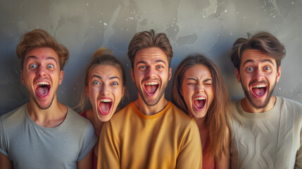 Five young adults with playful and silly facial expressions.