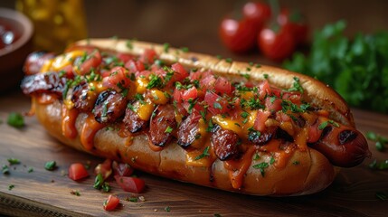 Delectable Hot Dog with Tomato Sauce, Mustard, and Parsley on Wooden Table - obrazy, fototapety, plakaty