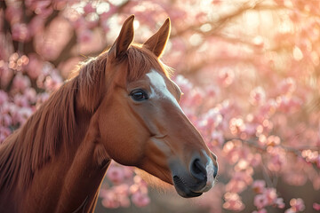 Fototapeta premium Portrait of a horse on spring background with blooming trees