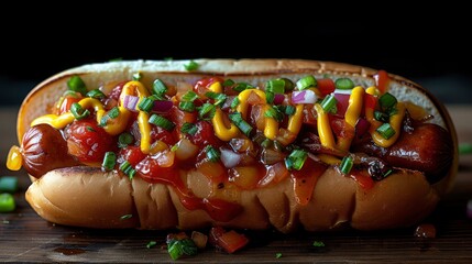 Hot Dog Elegance on black background. A Stunning hot dog Presentation.